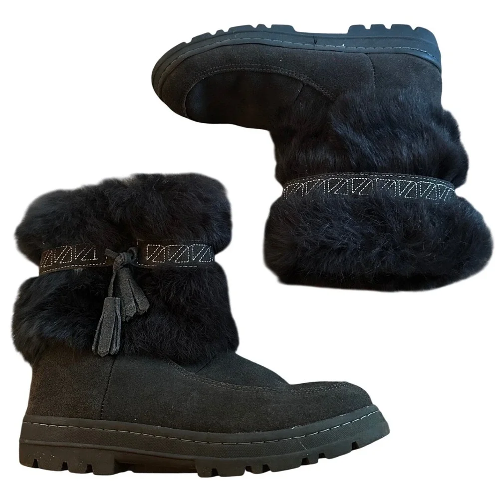 Minnetonka Black Suede Rabbit Fur Trim Winter Boots Women's‎ 10